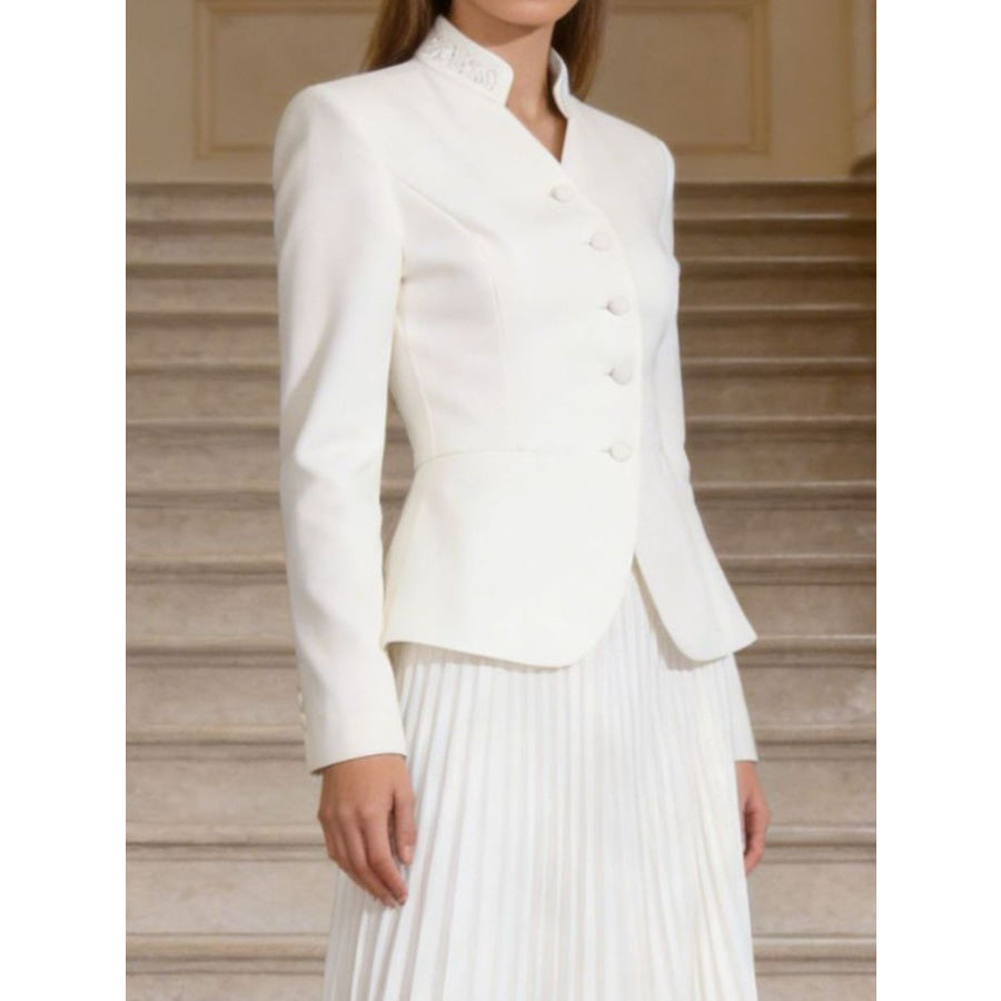 Button Up Long Sleeve Top and Pleated Skirt Set White / S Apparel and Accessories