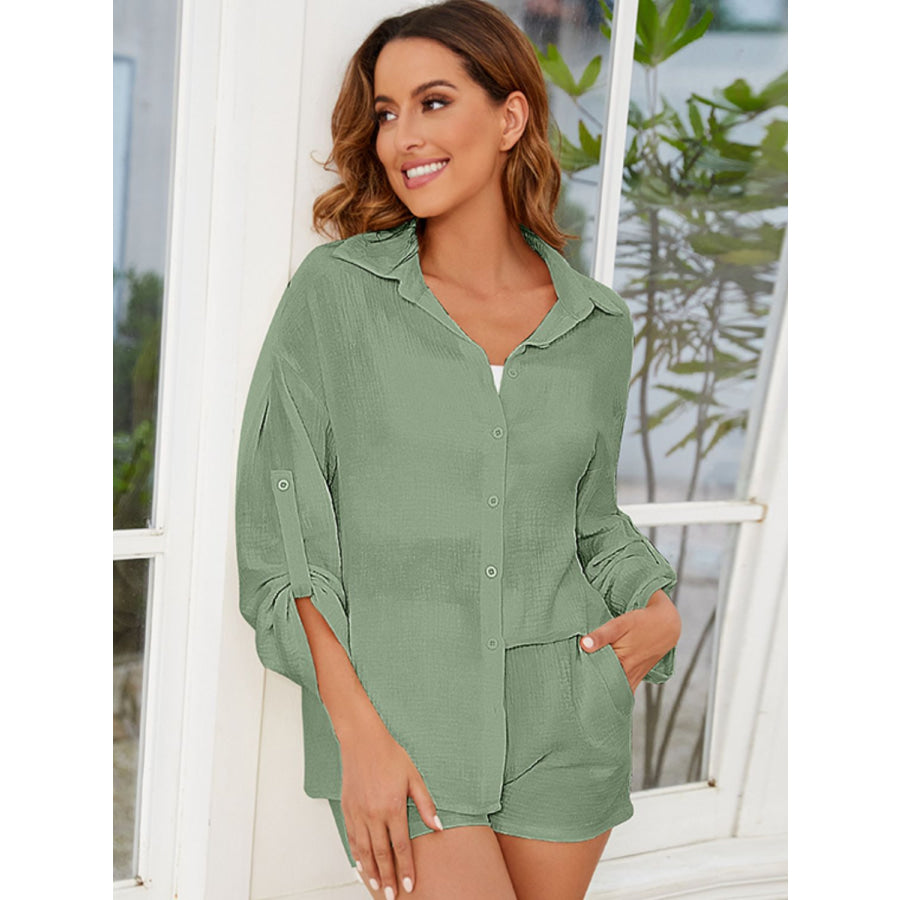 Button Up Long Sleeve Top and Shorts Set Apparel and Accessories