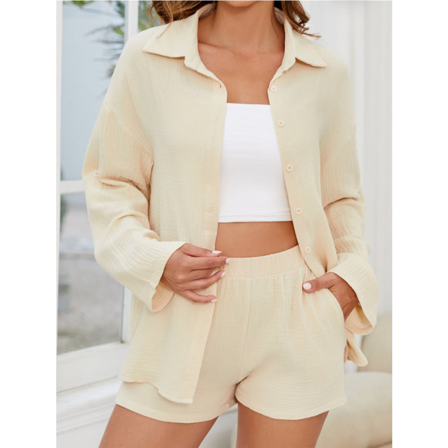 Button Up Long Sleeve Top and Shorts Set Apparel and Accessories