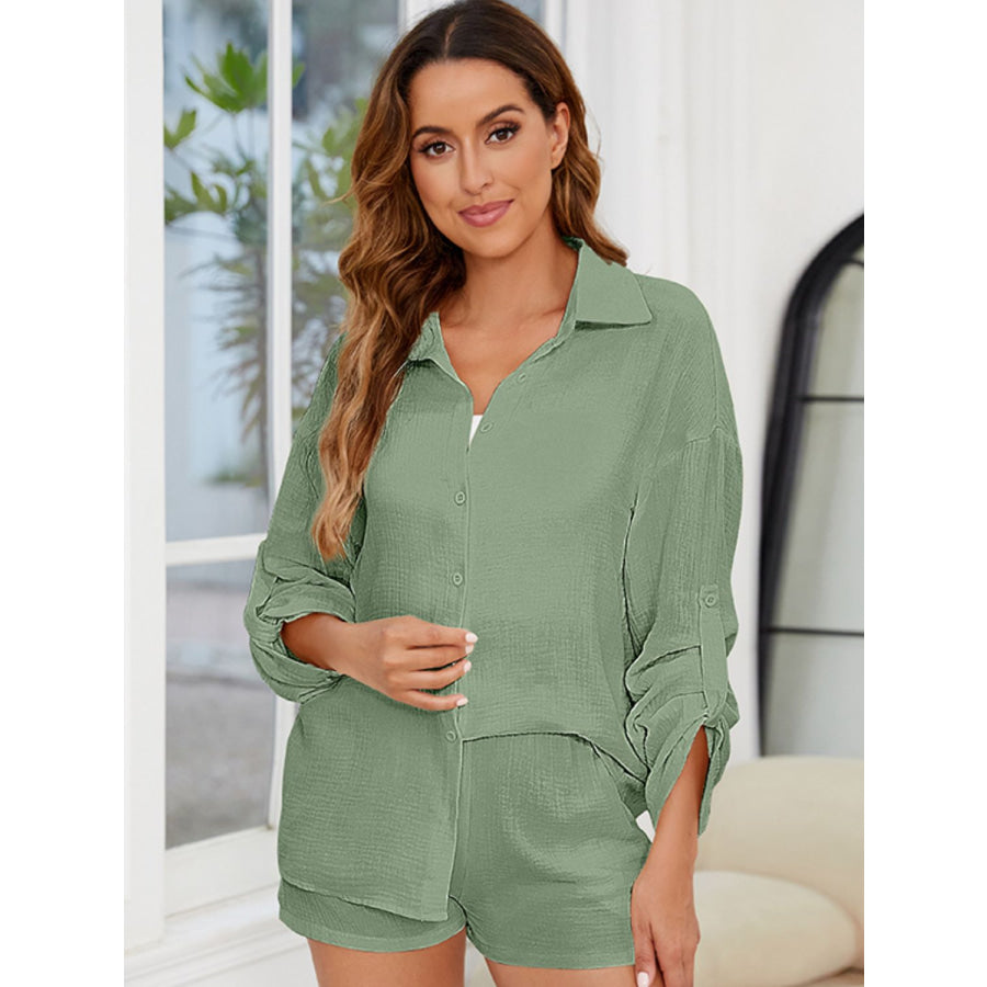 Button Up Long Sleeve Top and Shorts Set Apparel and Accessories