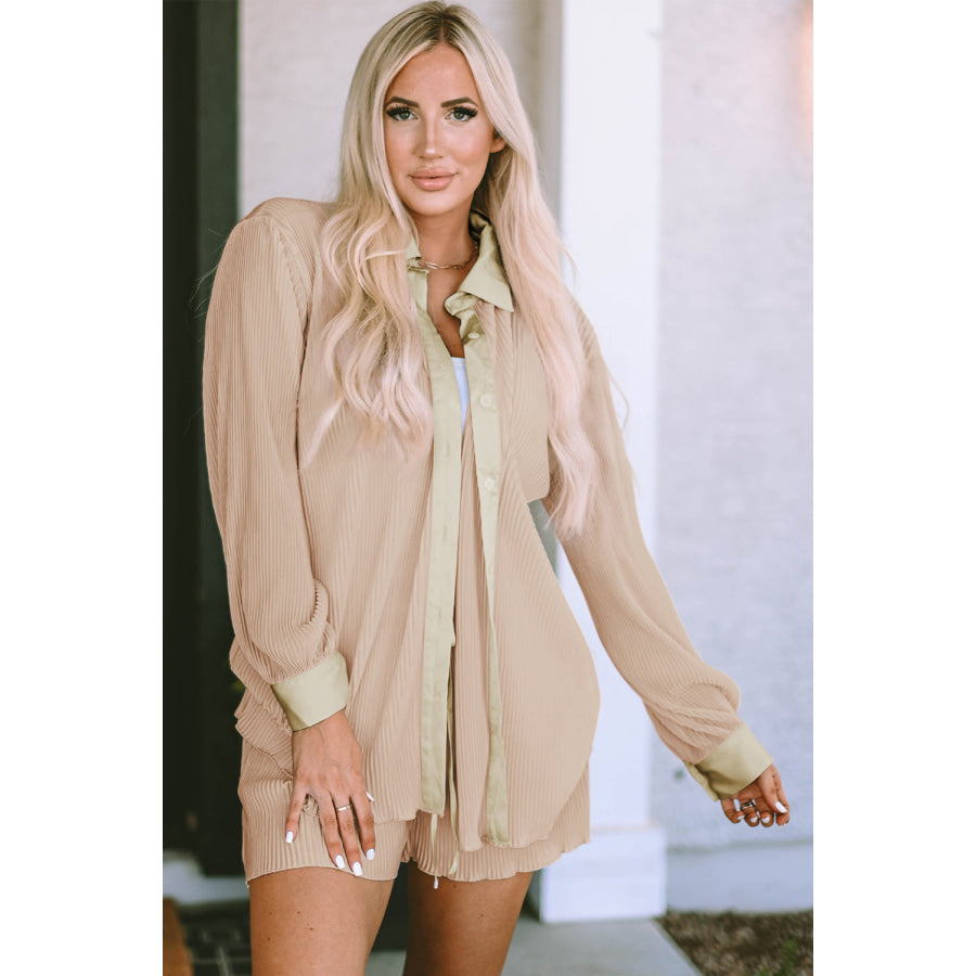 Button Up Long Sleeve Top and Shorts Set Apparel and Accessories