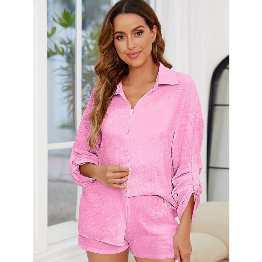 Button Up Long Sleeve Top and Shorts Set Apparel and Accessories