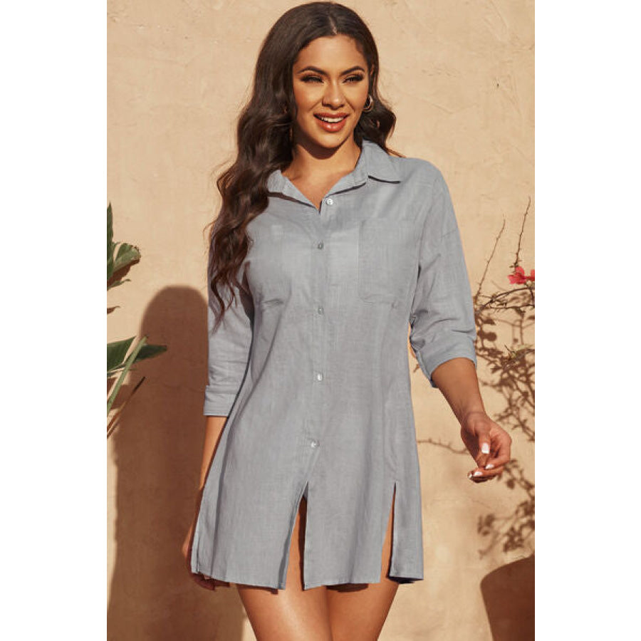 Button - Up Longline Shirt with Breast Pockets Apparel and Accessories