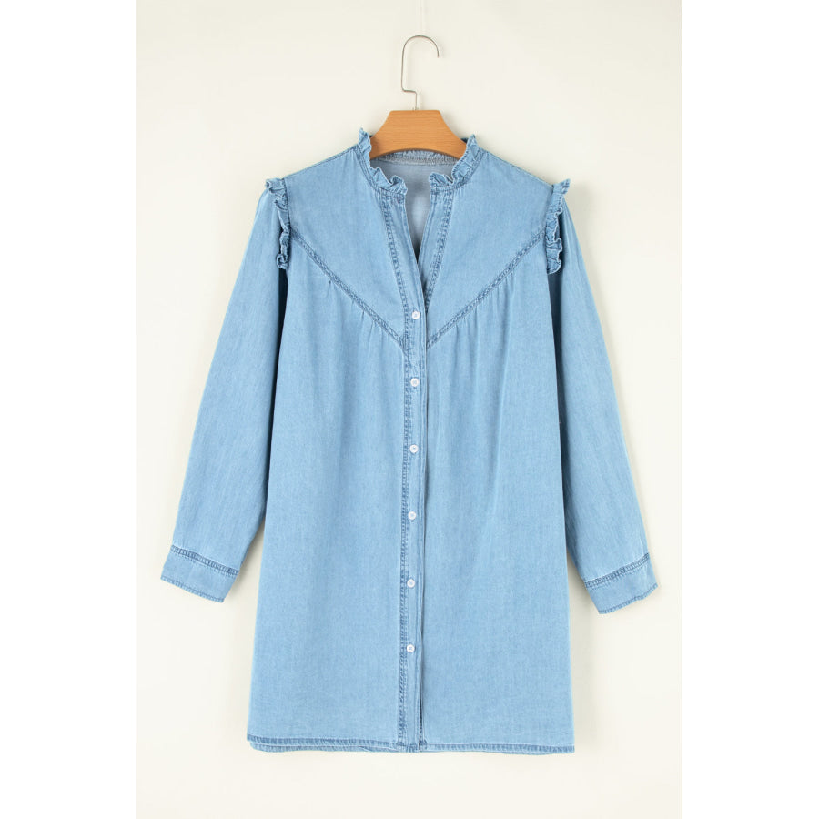 Button Up Notched Long Sleeve Denim Dress Apparel and Accessories