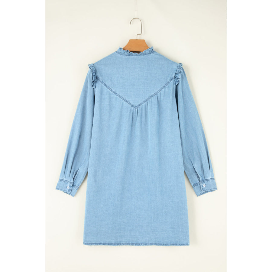 Button Up Notched Long Sleeve Denim Dress Apparel and Accessories