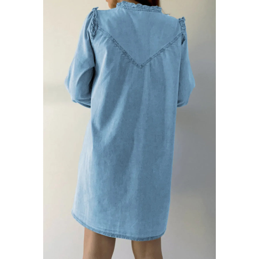 Button Up Notched Long Sleeve Denim Dress Apparel and Accessories