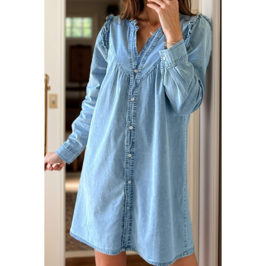 Button Up Notched Long Sleeve Denim Dress Light Blue / S Apparel and Accessories