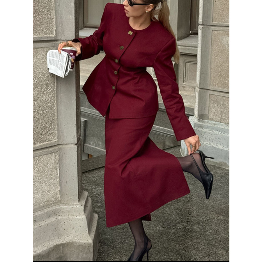 Button Up Peplum Blazer & Skirt Set Apparel and Accessories