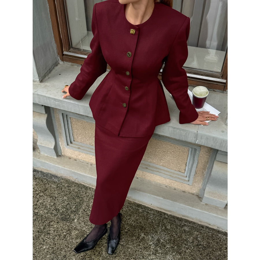 Button Up Peplum Blazer & Skirt Set Burgundy / S Apparel and Accessories