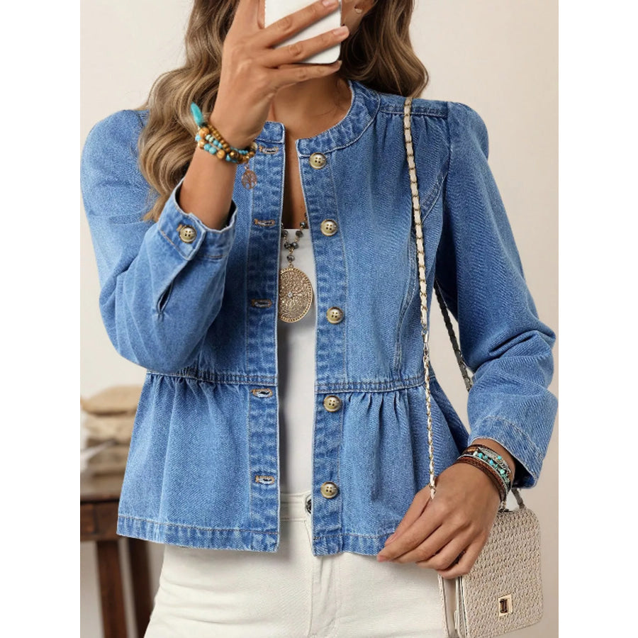 Button Up Peplum Denim Shirt Apparel and Accessories