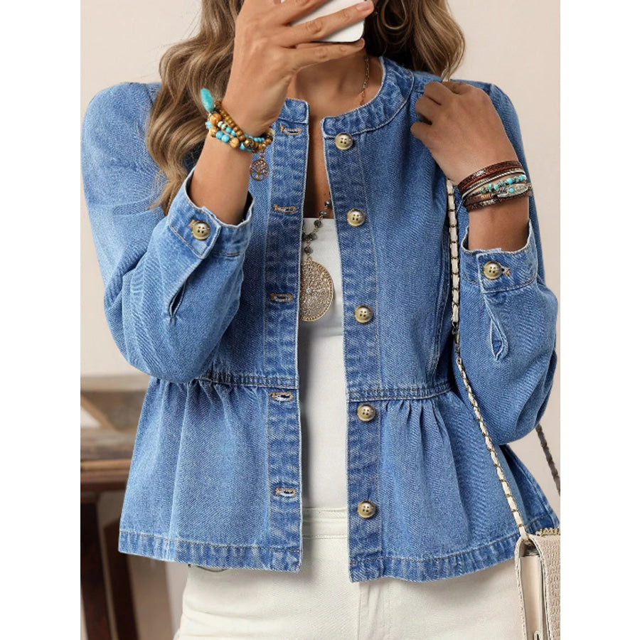 Button Up Peplum Denim Shirt Apparel and Accessories