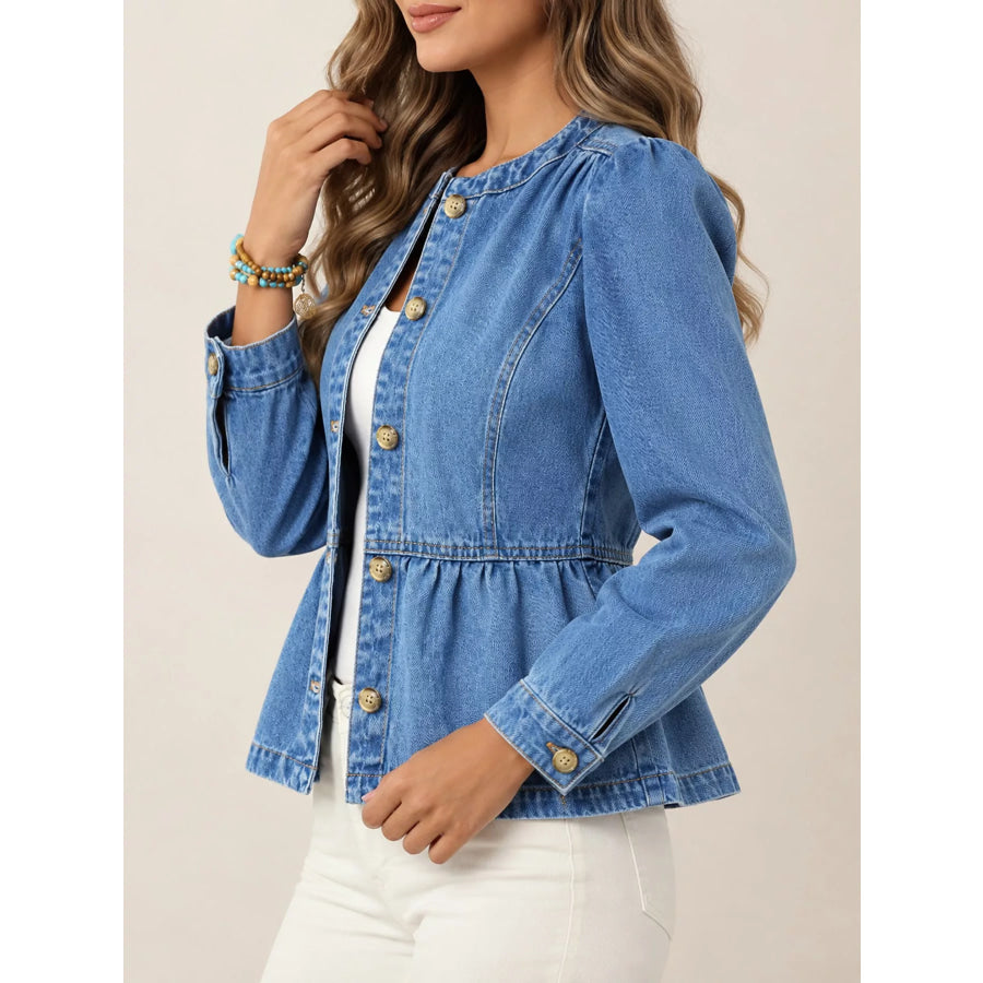 Button Up Peplum Denim Shirt Apparel and Accessories