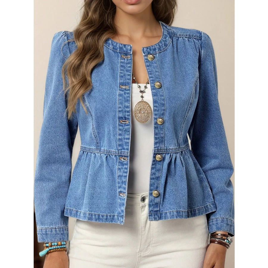 Button Up Peplum Denim Shirt Apparel and Accessories