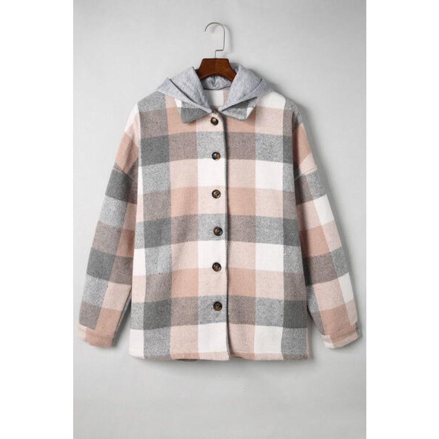 Button Up Plaid Hooded Jacket Beige / S Clothing