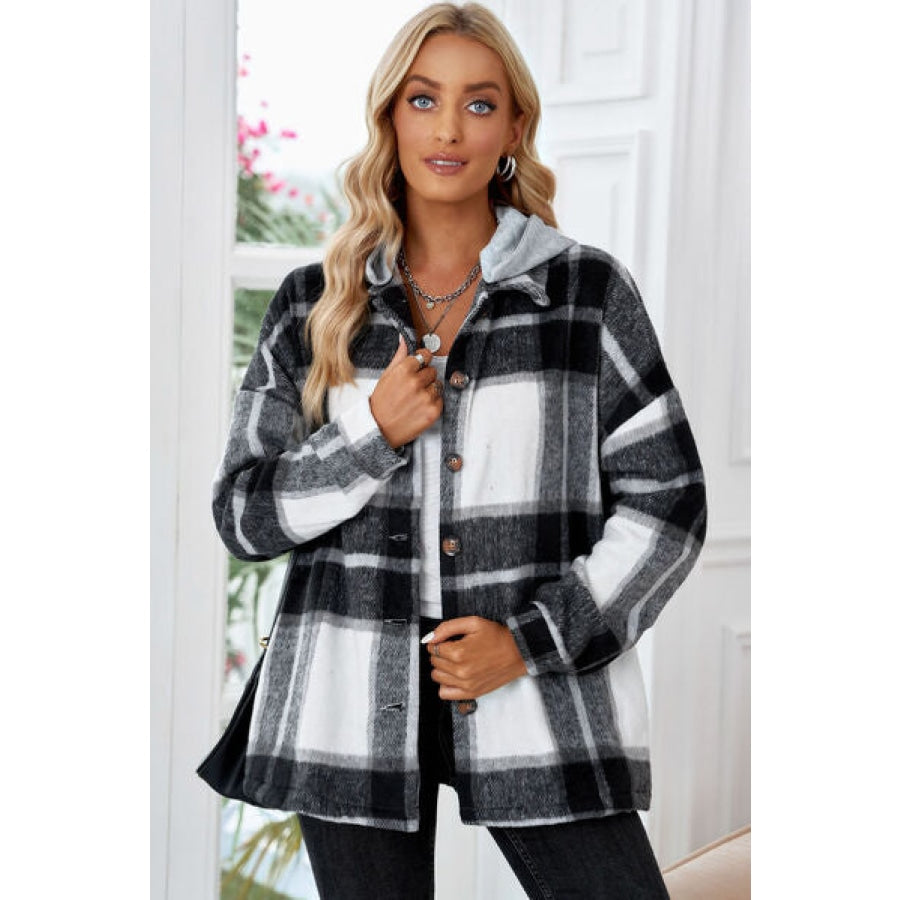 Button Up Plaid Hooded Jacket Black / S Clothing