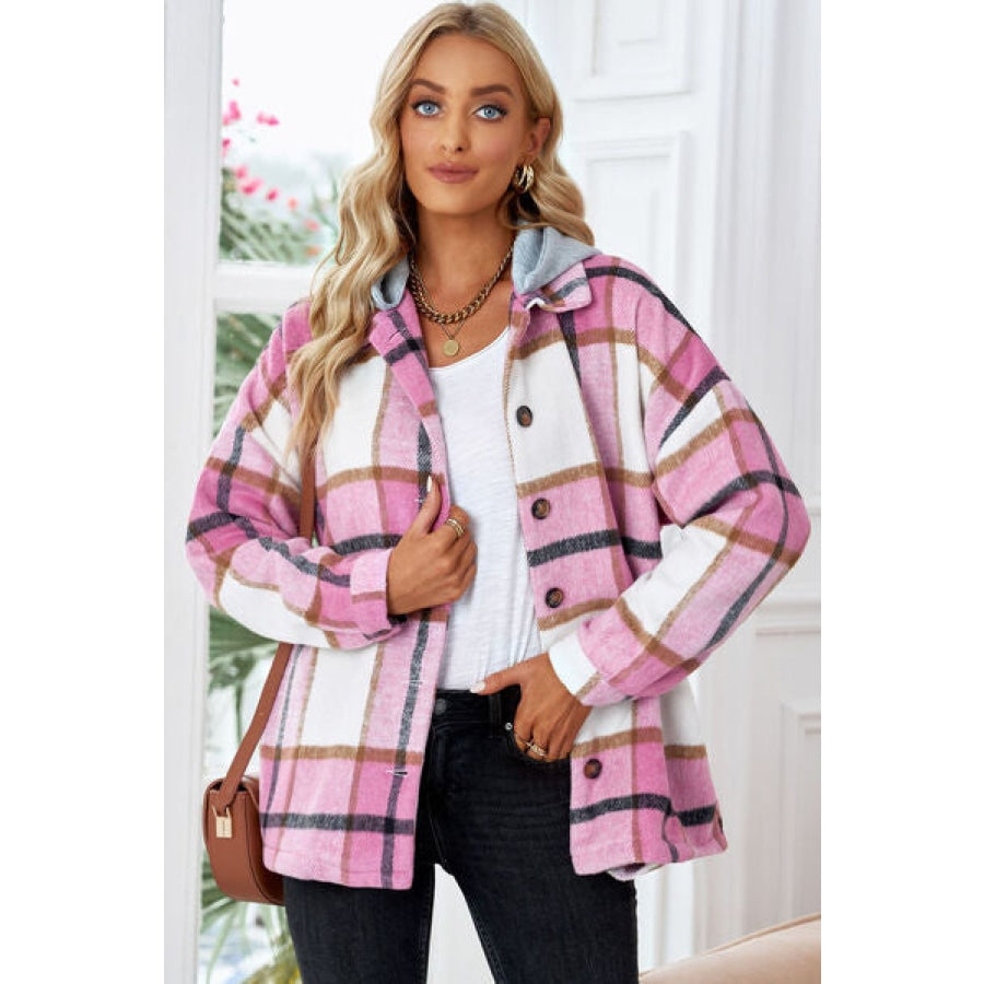 Button Up Plaid Hooded Jacket Blush Pink / S Clothing