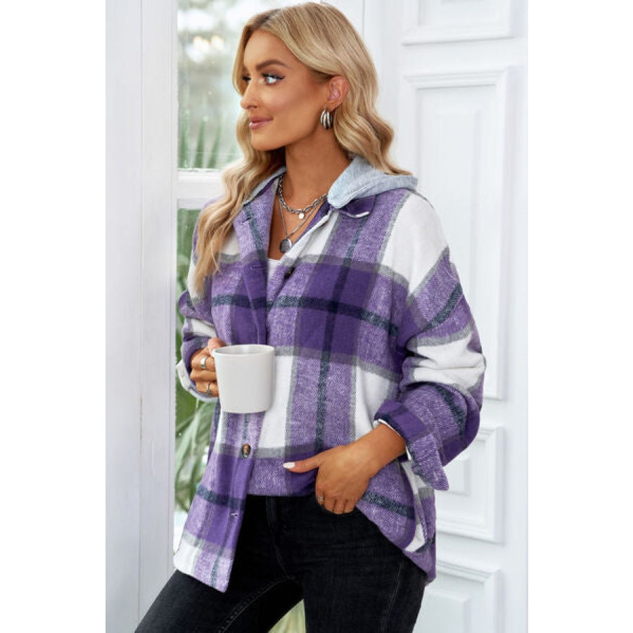 Button Up Plaid Hooded Jacket Clothing