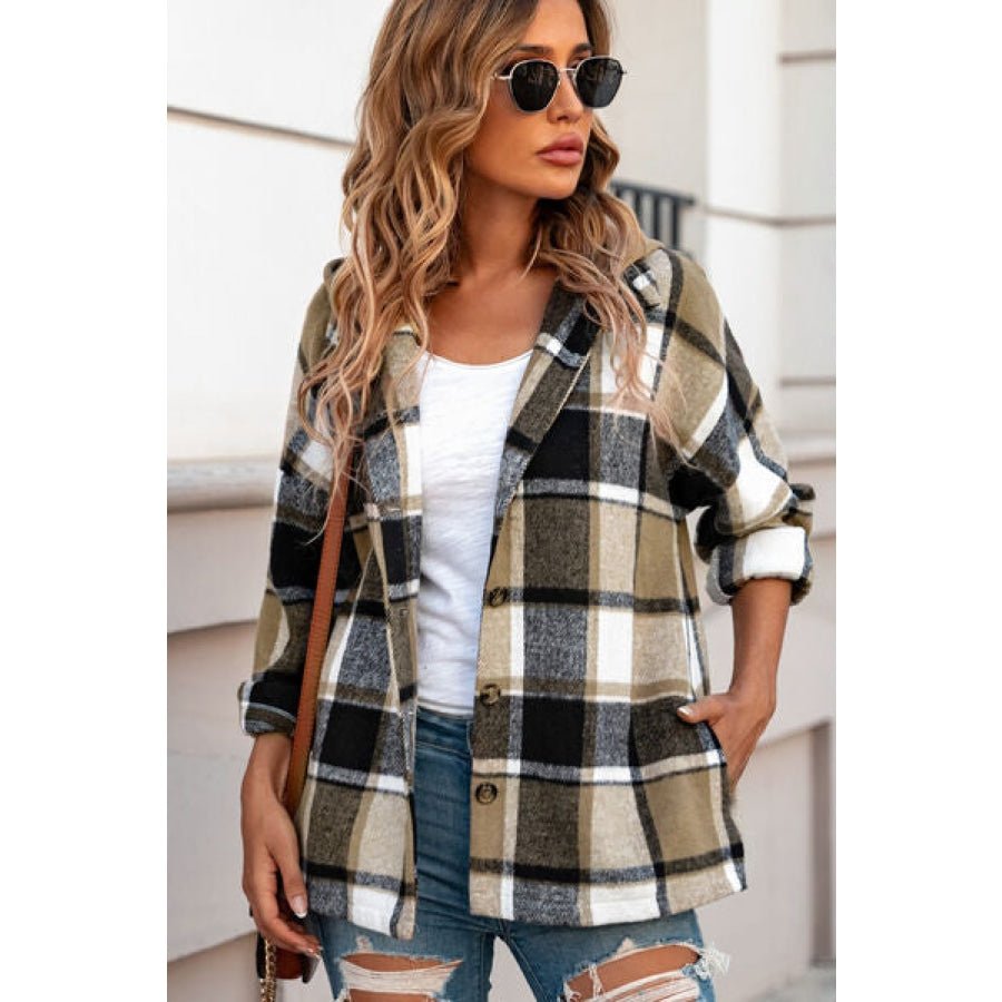 Button Up Plaid Hooded Jacket Clothing