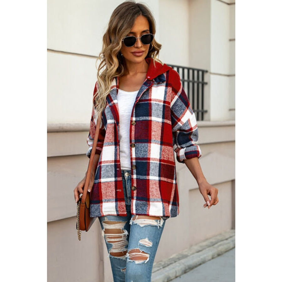 Button Up Plaid Hooded Jacket Clothing