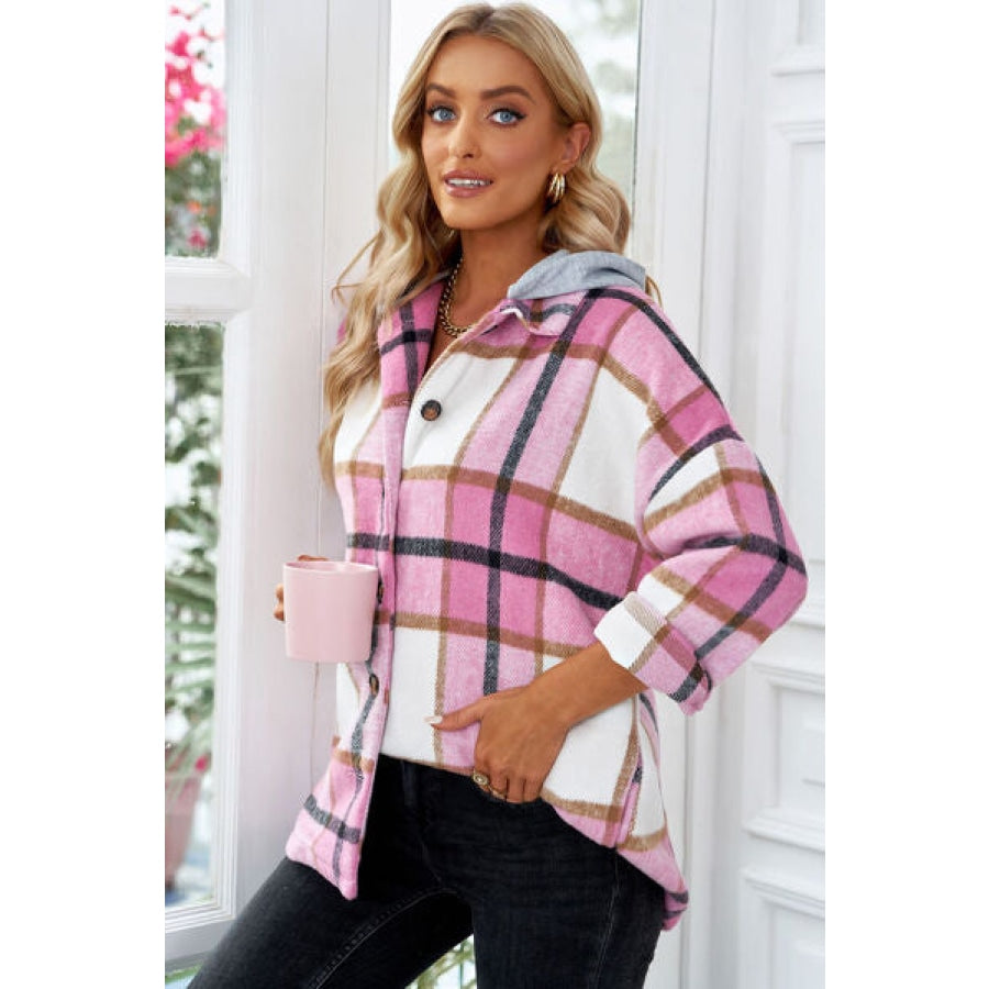 Button Up Plaid Hooded Jacket Clothing