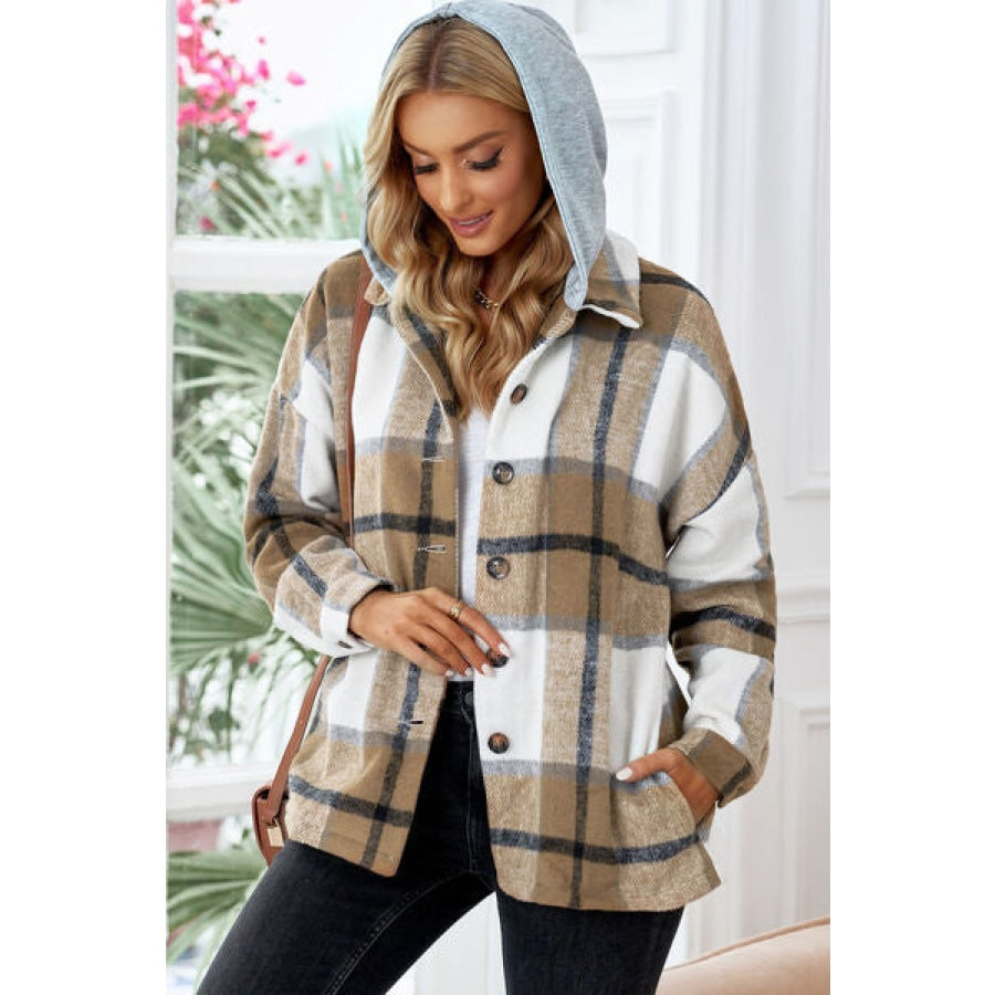 Button Up Plaid Hooded Jacket Clothing