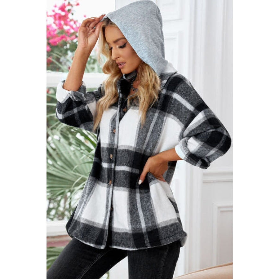 Button Up Plaid Hooded Jacket Clothing