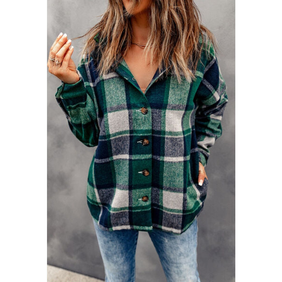 Button Up Plaid Hooded Jacket Clothing