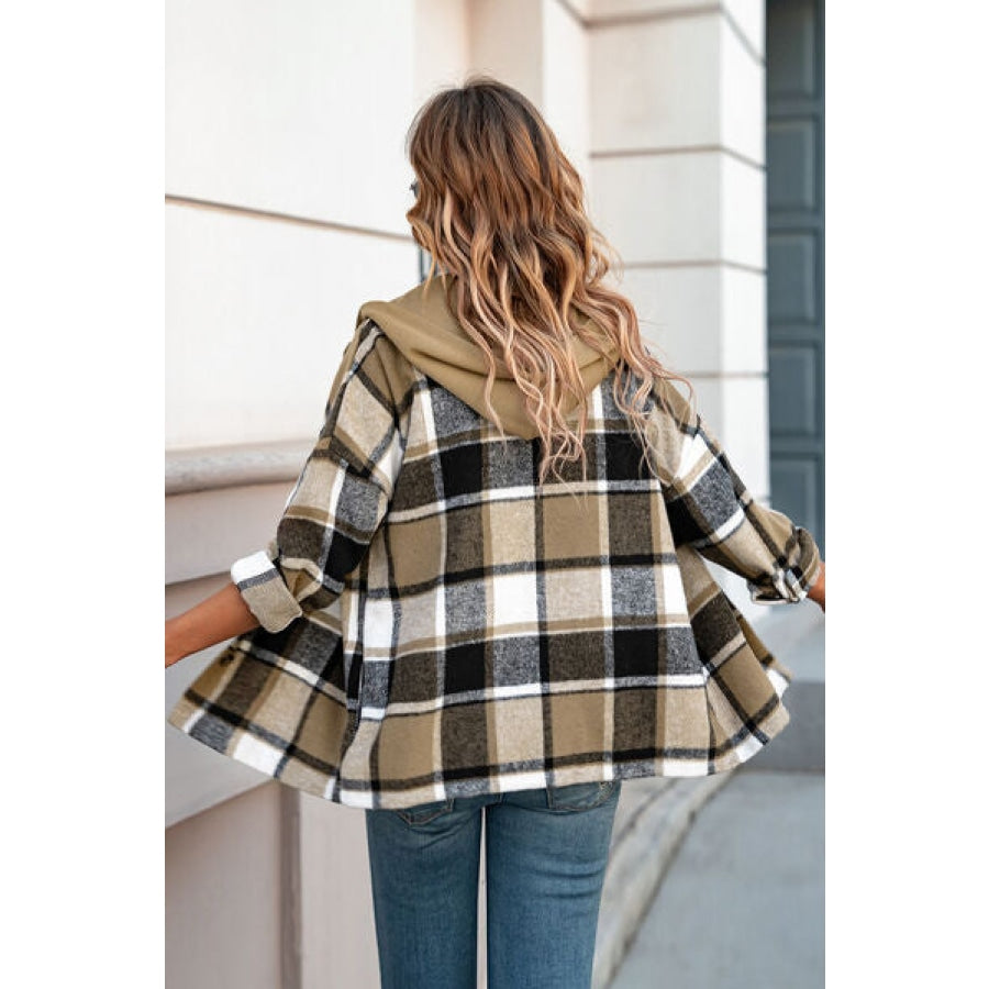 Button Up Plaid Hooded Jacket Clothing