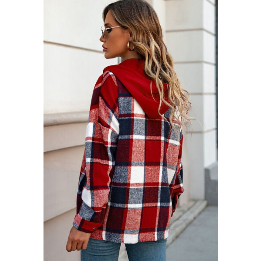 Button Up Plaid Hooded Jacket Deep Red / S Clothing