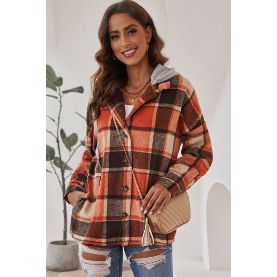 Button Up Plaid Hooded Jacket Clothing