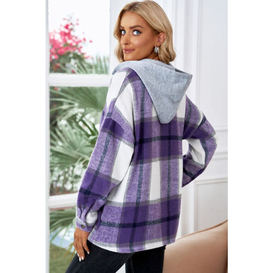 Button Up Plaid Hooded Jacket Clothing