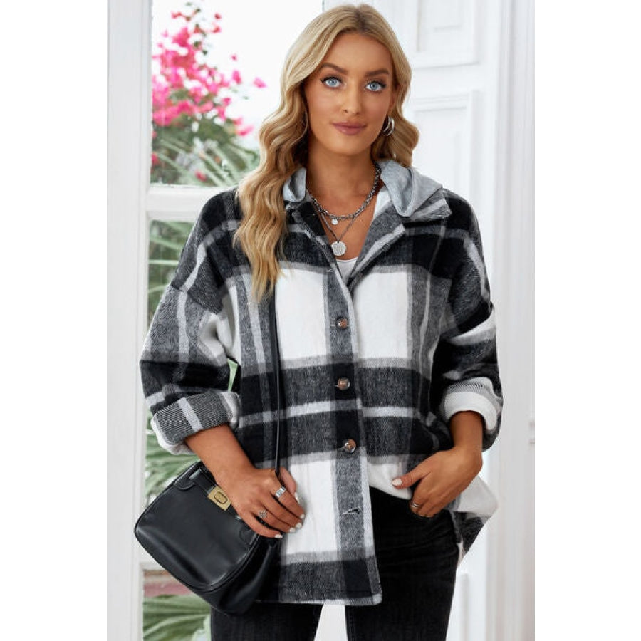 Button Up Plaid Hooded Jacket Clothing