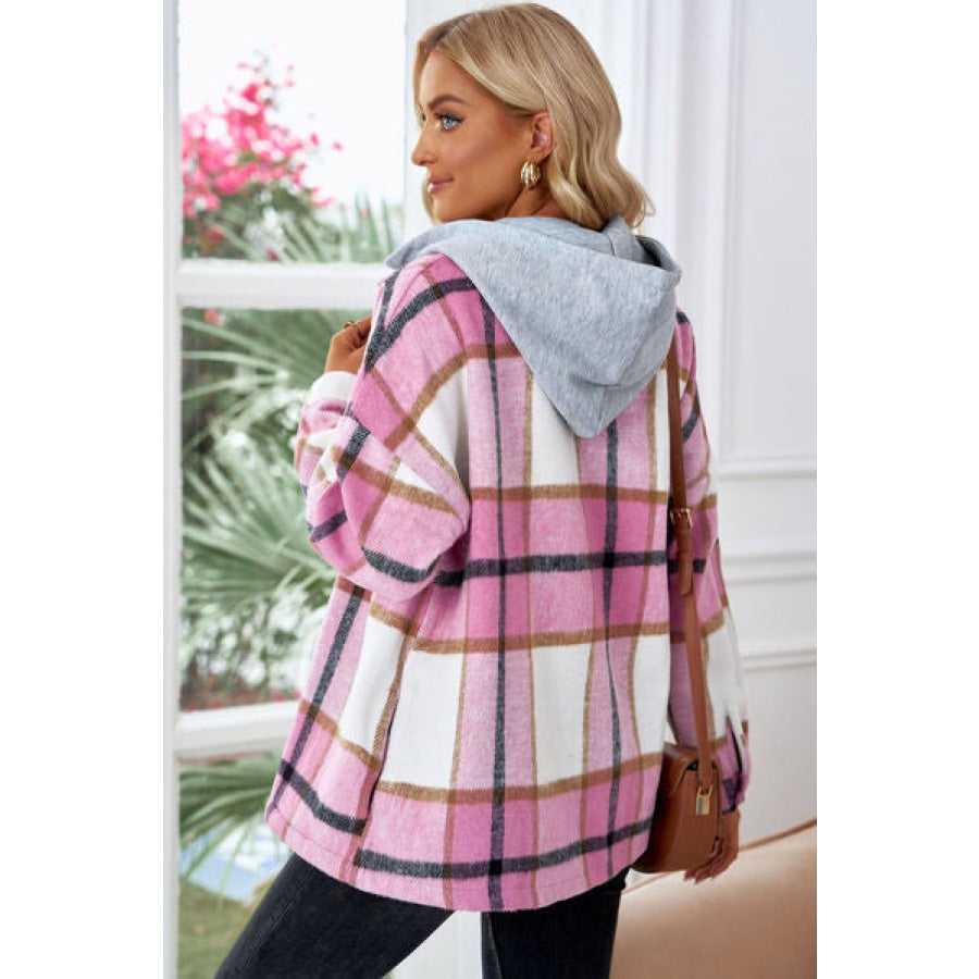 Button Up Plaid Hooded Jacket Clothing