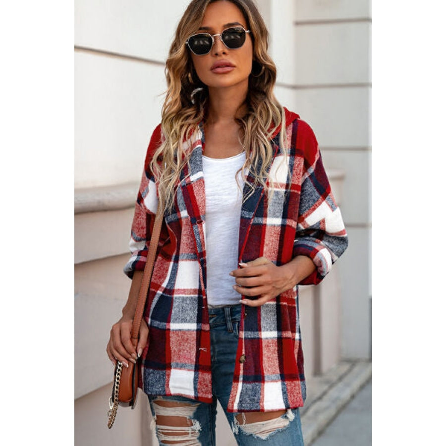 Button Up Plaid Hooded Jacket Deep Red / S Clothing