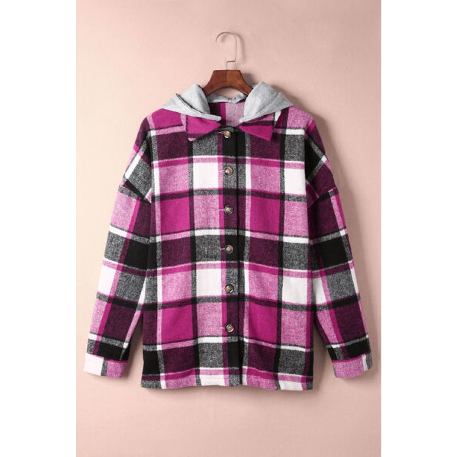 Button Up Plaid Hooded Jacket Fuchsia / S Clothing