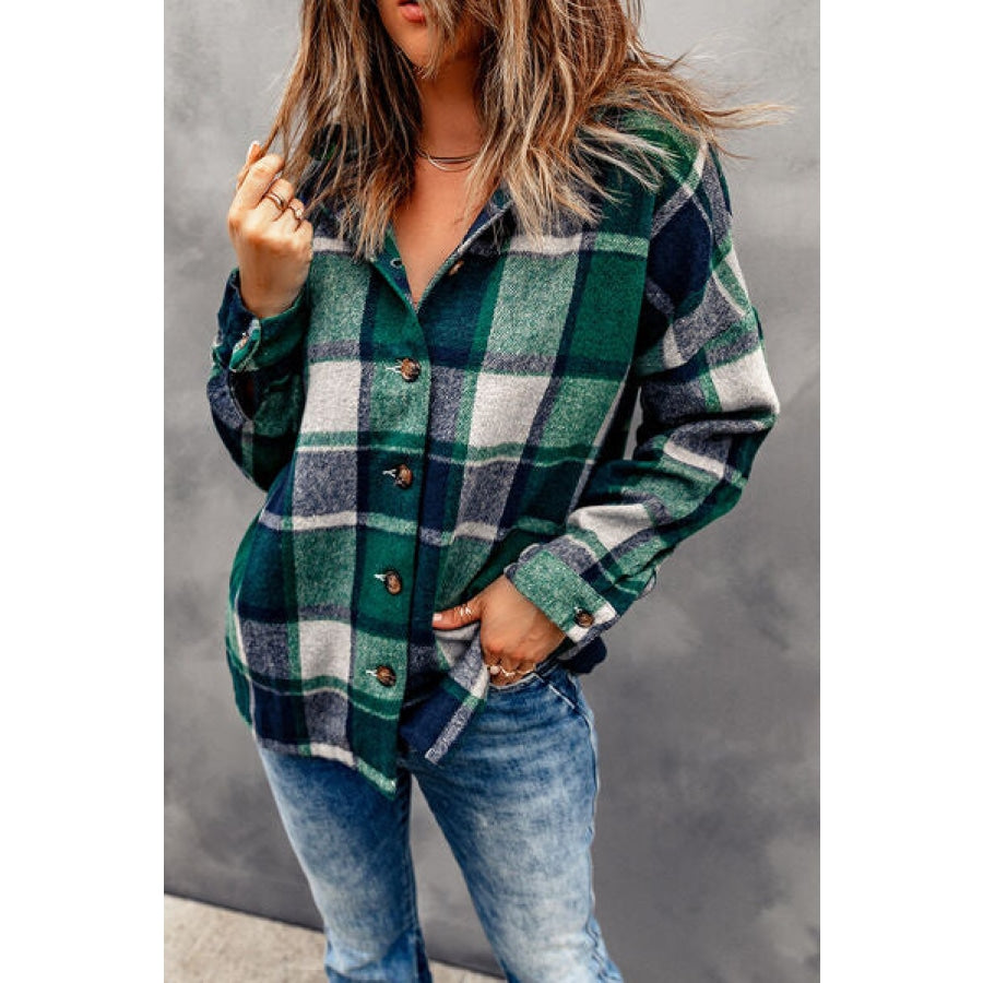 Button Up Plaid Hooded Jacket Green / S Clothing