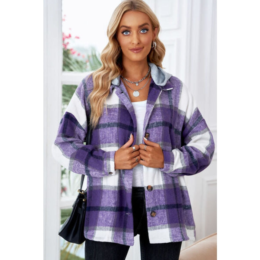 Button Up Plaid Hooded Jacket Lavender / S Clothing