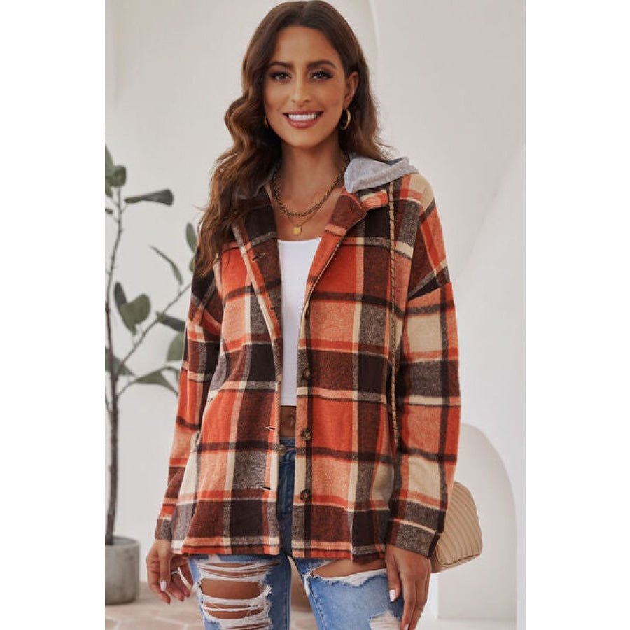 Button Up Plaid Hooded Jacket Red Orange / S Clothing