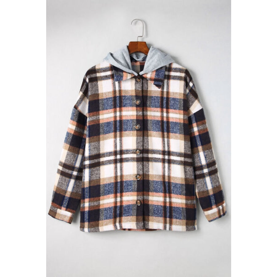 Button Up Plaid Hooded Jacket Royal Blue / S Clothing