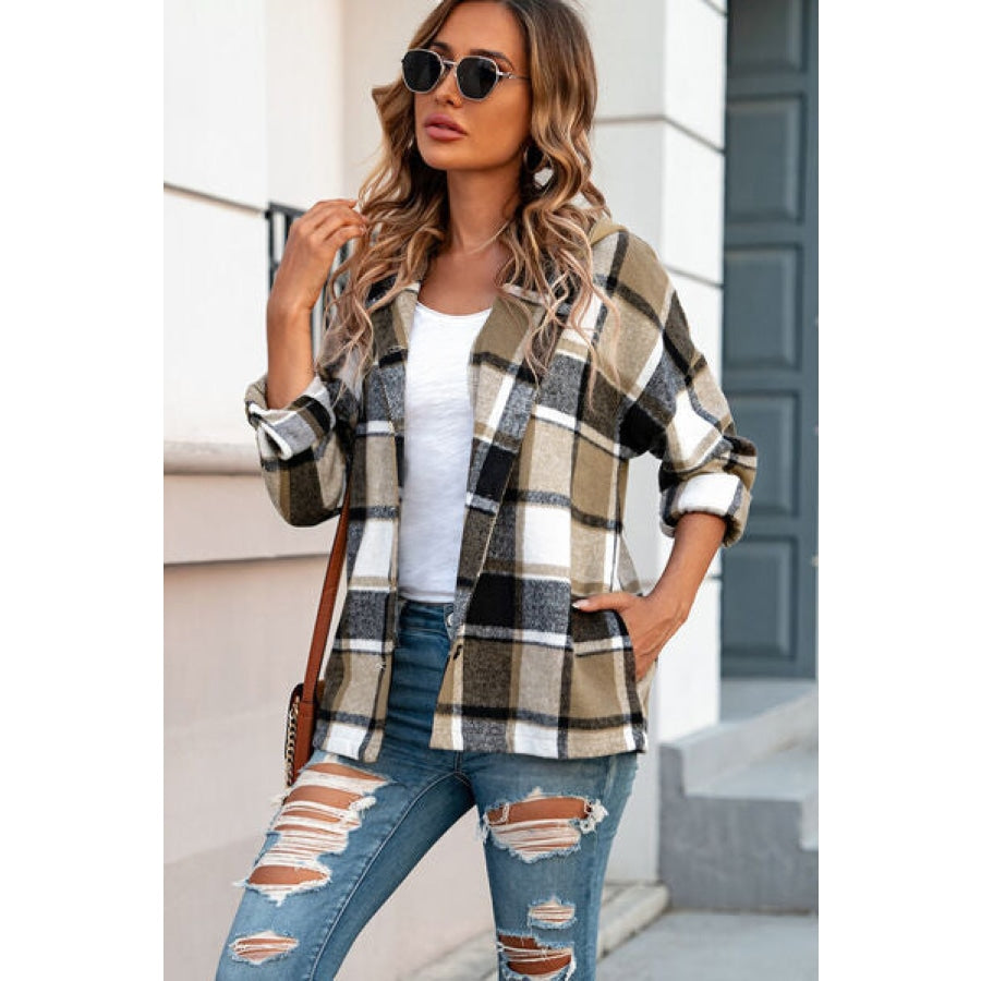 Button Up Plaid Hooded Jacket Tan / S Clothing