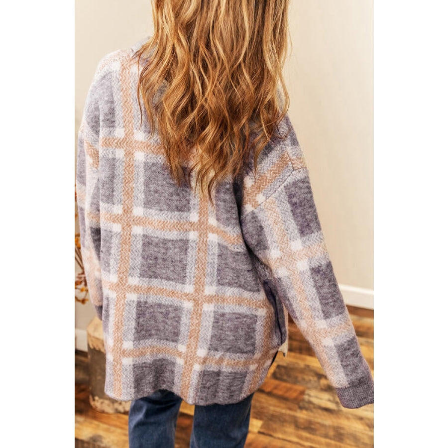 Button Up Plaid Long Sleeve Cardigan Misty Blue / S Clothing