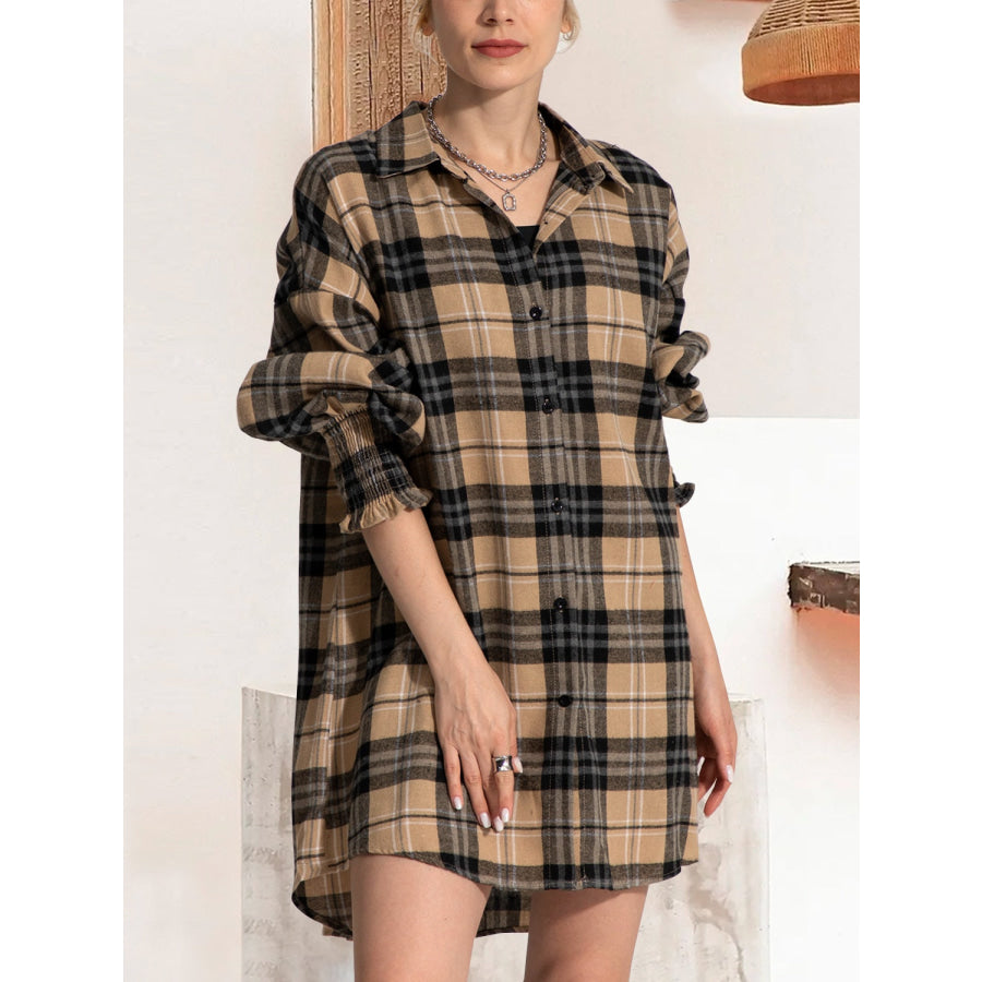 Button Up Plaid Long Sleeve Shirt Dress Camel / S Apparel and Accessories