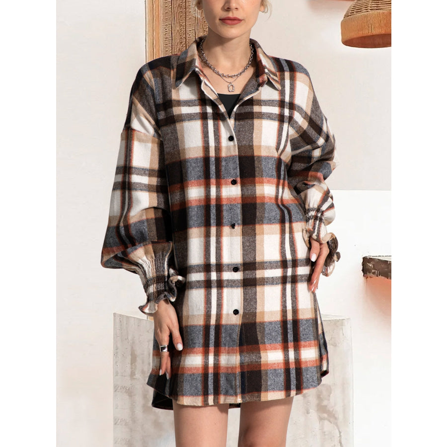 Button Up Plaid Long Sleeve Shirt Dress Coffee Brown / S Apparel and Accessories