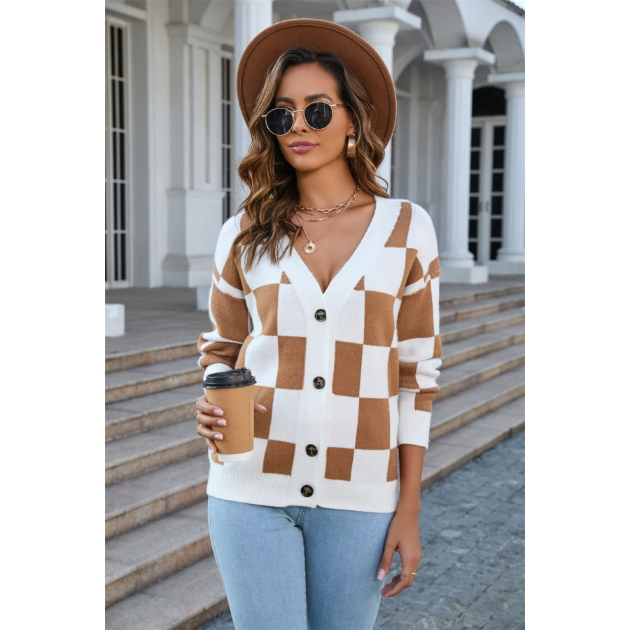 Button-Up Plaid V-Neck Dropped Shoulder Cardigan Caramel / S