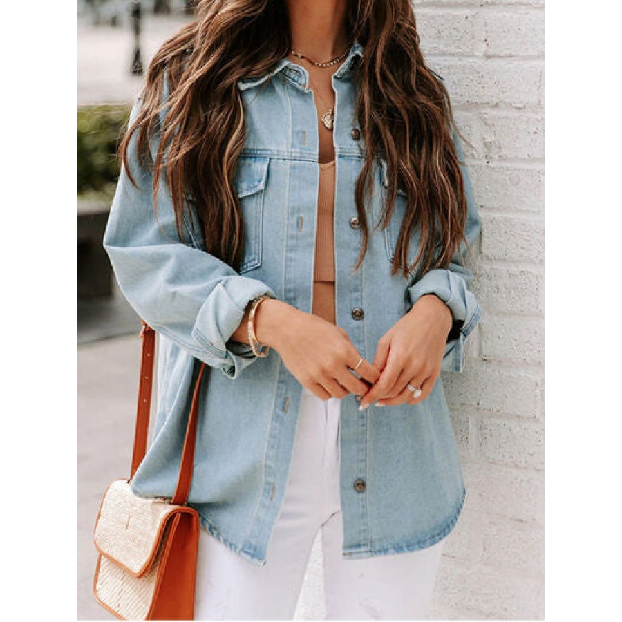 Button Up Pocketed Denim Jacket Light / S Clothing