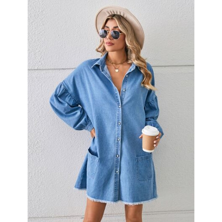 Button Up Pocketed Raw Hem Denim Dress Clothing