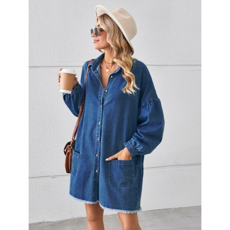 Button Up Pocketed Raw Hem Denim Dress Clothing