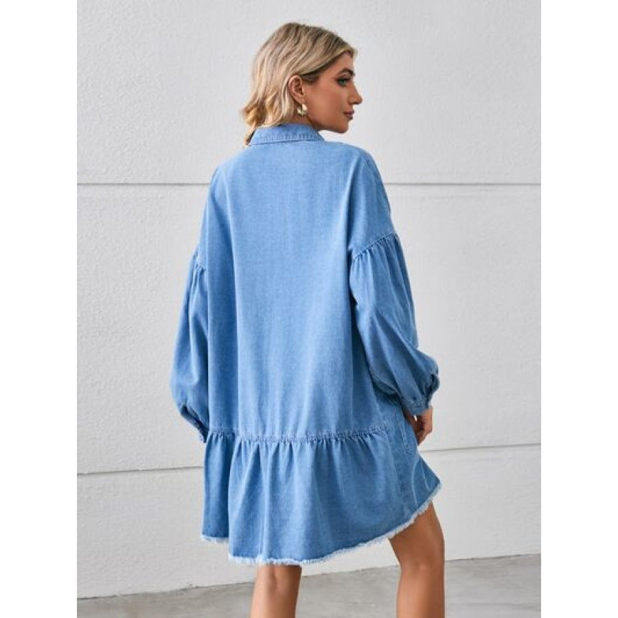 Button Up Pocketed Raw Hem Denim Dress Sky Blue / S Clothing