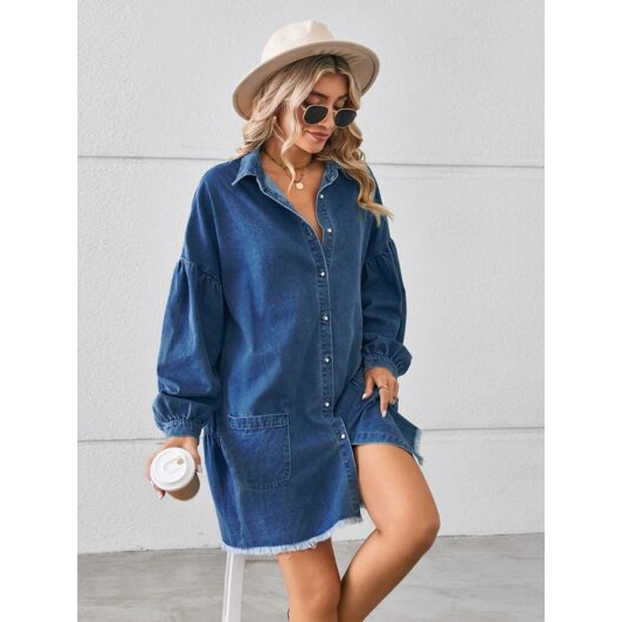 Button Up Pocketed Raw Hem Denim Dress Clothing