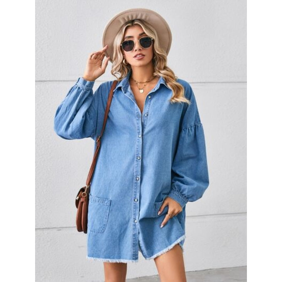 Button Up Pocketed Raw Hem Denim Dress Clothing